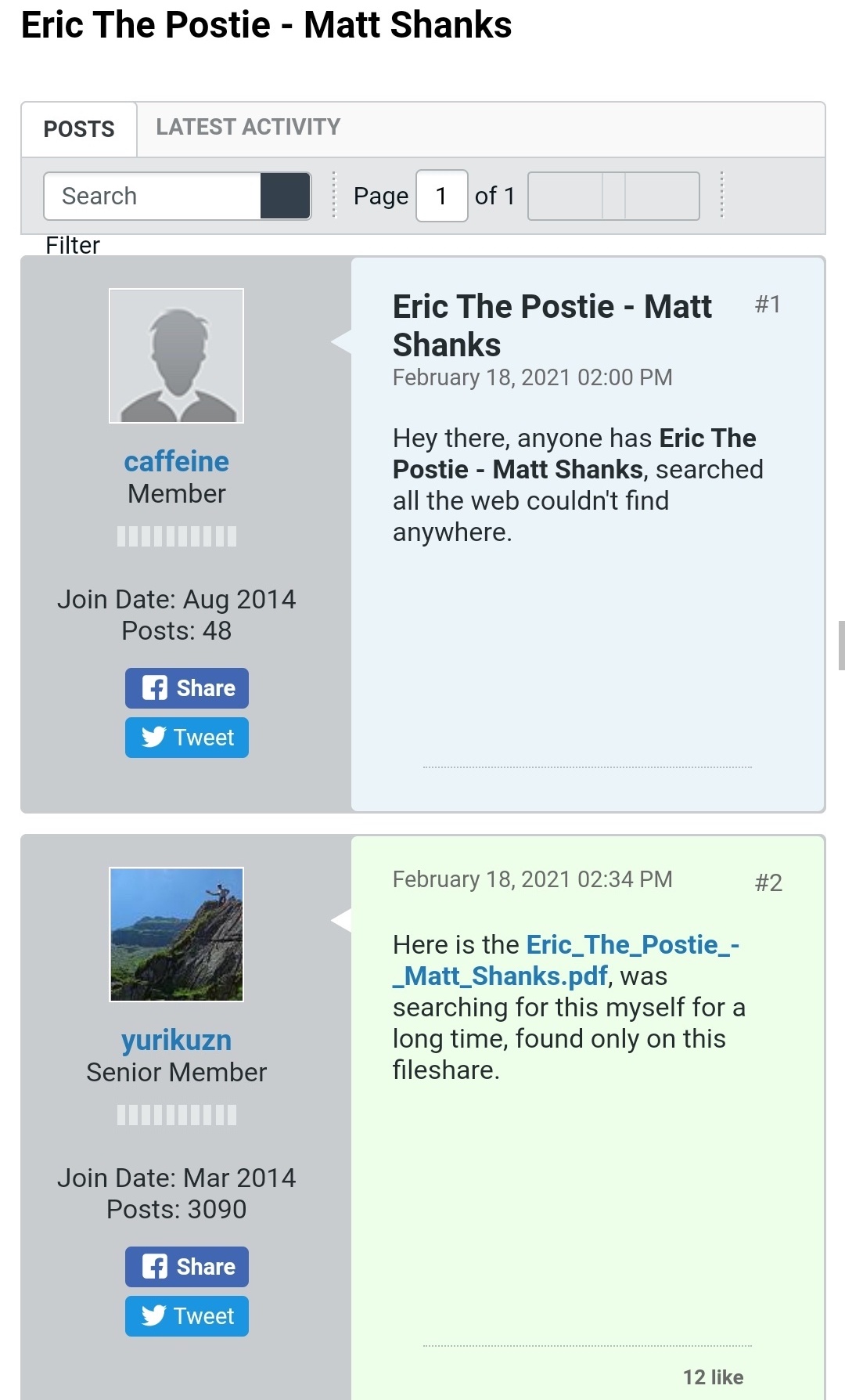 A screenshot of a forum where Matt was pirated for Eric the Postie