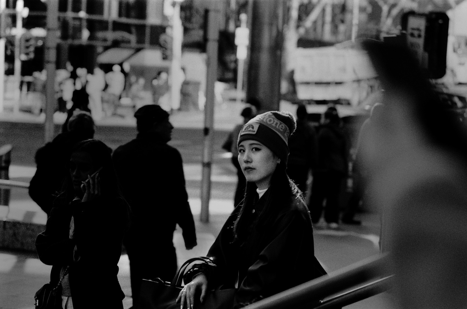 woman on street with beanie